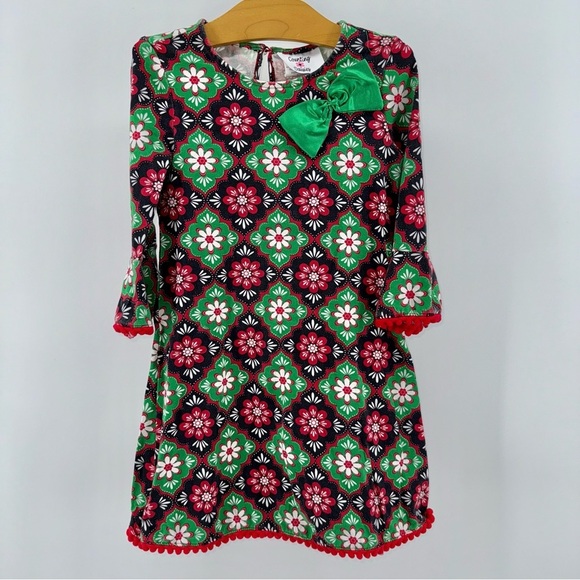 Counting Daisies Other - Counting Daisies Floral Christmas Holiday Patterned Dress with Green Bow